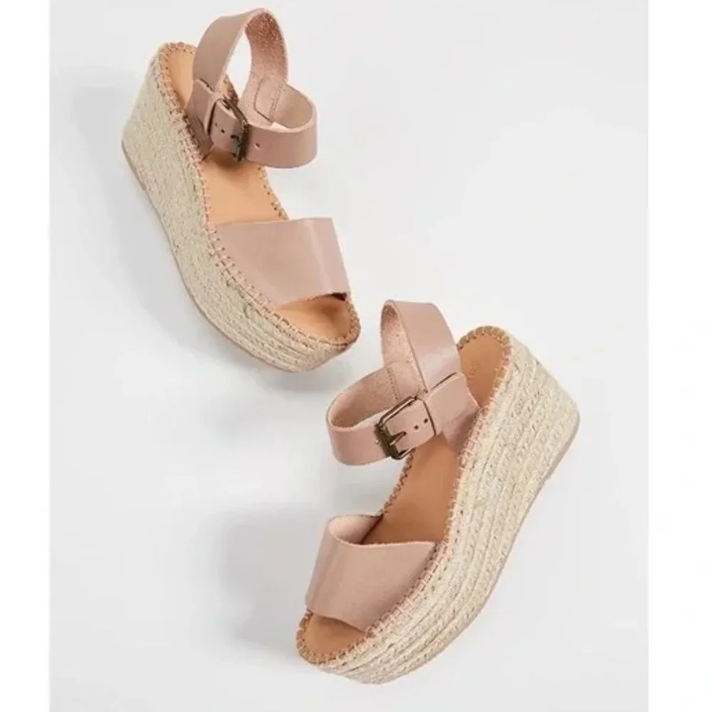 NEW Soludos Minorca Dove Grey Leather Platform Woven Espadrille Sandals Size 10